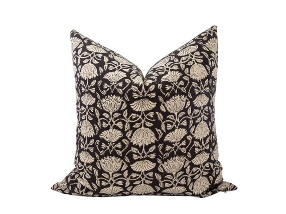 AMARI  Floral Block Print Pillow Cover Black and Tan Floral - Etsy | Etsy (US)