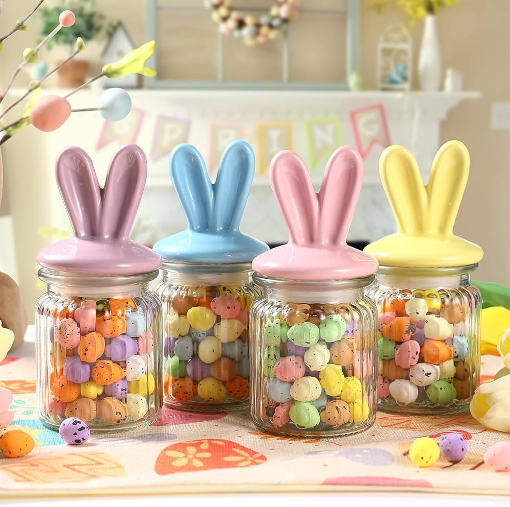 Easter Decorations- 4 PCS Glass Jars with Ceramic Bunny Ear Lid-Easter Glass Storage for Chocolat... | Amazon (US)