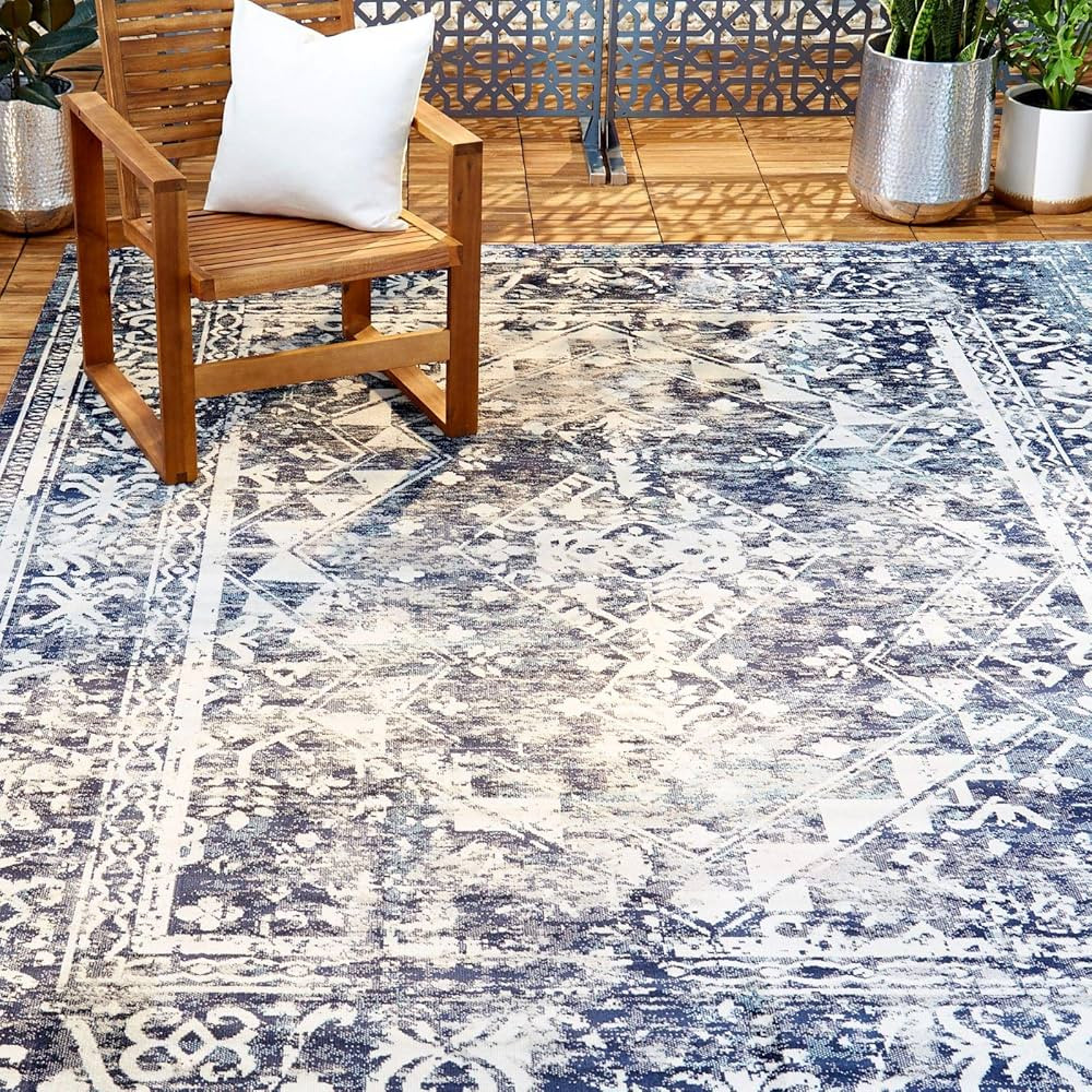 Nicole Miller New York Patio Sofia Ivy Transitional Distressed Indoor/Outdoor Area Rug, Navy Blue... | Amazon (US)