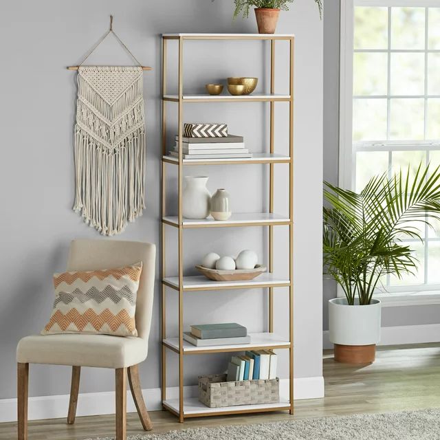Mainstays 6-Shelf Gold Metal Frame Bookcase, White | Walmart (US)