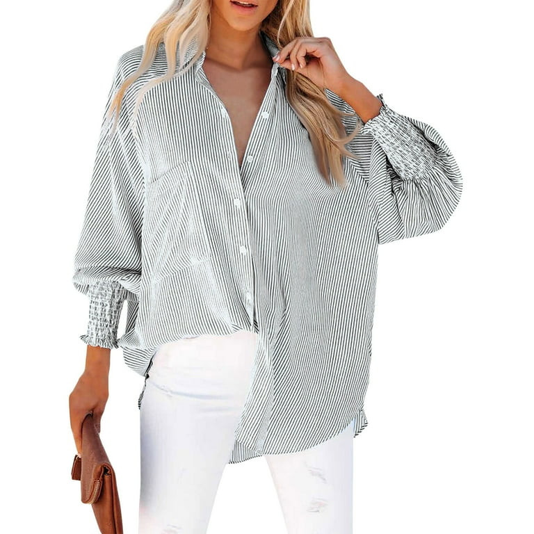 Mohiass Women's Smocked Cuffed Striped Boyfriend Shirt with Pocket Casual Collar Long Sleeve Blou... | Walmart (US)