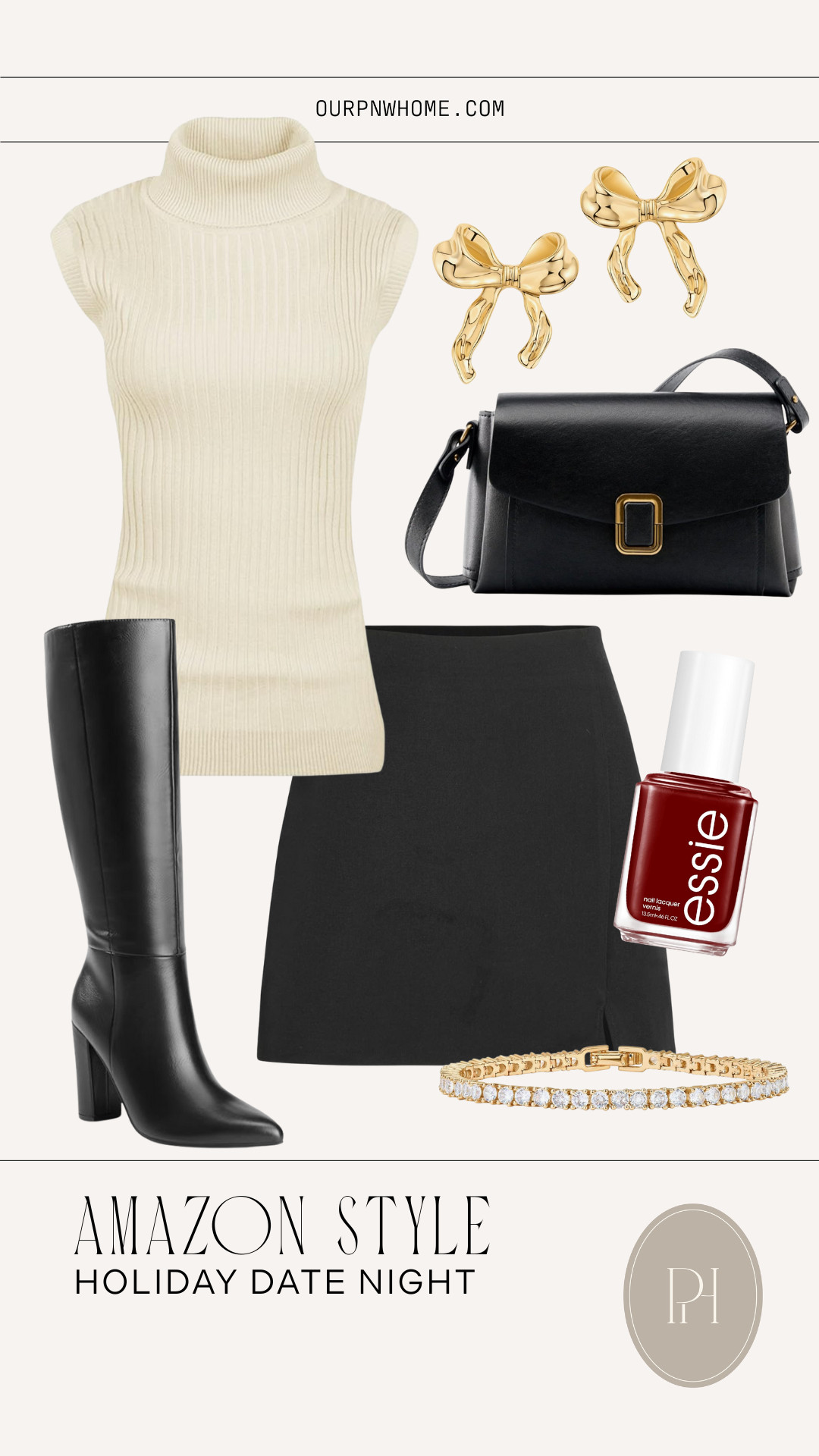 Holiday date night look finds from Amazon!

black mini skirt, black pencil skirt, sleeveless sweater, sleeveless turtleneck, black boots, knee high boots, high heeled boots, burgundy nail polish, deep red nail polish, black satchel purse, black handbag, bow earrings, gold bow jewelry, bracelet, white top, holiday party look, winter fashion, winter outfit, winter look, winter style 

 #LTKHoliday #LTKStyleTip #LTKShoeCrush