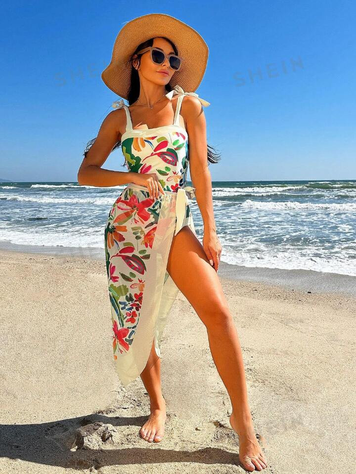 SHEIN Swim Summer Beach Floral Print One-Piece Swimsuit And Beach Skirt | SHEIN | SHEIN