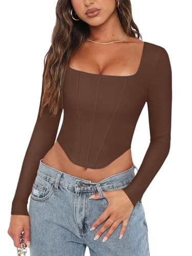 REORIA Womens Sexy Casual Square Neck Long Sleeve Backless Shirts Y2K Trendy Going Out Party Club Night Boned Bustier Corset Crop Plus Size Tops Coffee X-Large | Amazon (US)