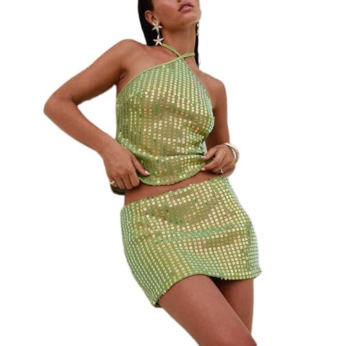 Karwuiio Woman Two Piece Outfits Sparkly Sequin Sleeveless Tops Sexy Bodycon Mini Skirt Sets Y2K Clubwear (Green, M) | Amazon (US)