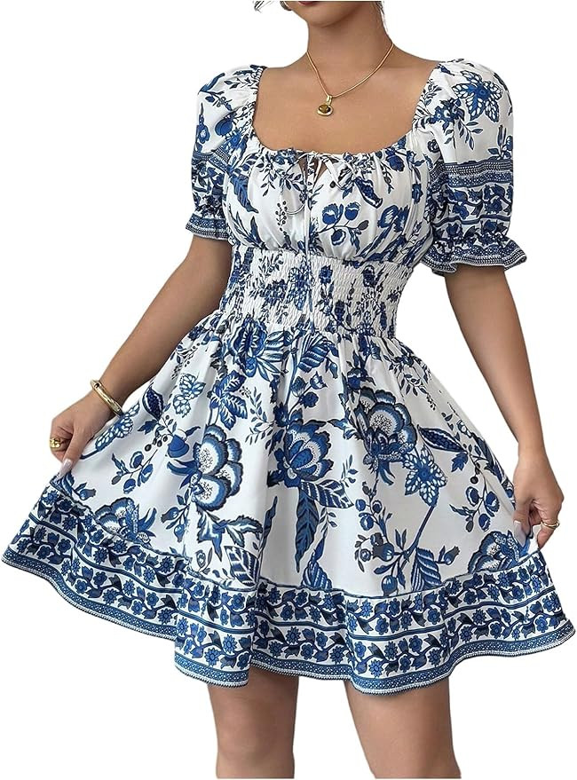 Floerns Women's Boho Tribal Puff Sleeve A Line Dress Square Neck Smocked Mini Dresses | Amazon (US)