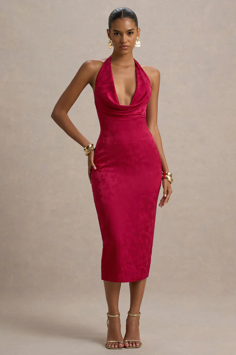 Aine  Red Satin Jacquard Cowl-Neck Midi Dress | Club L London