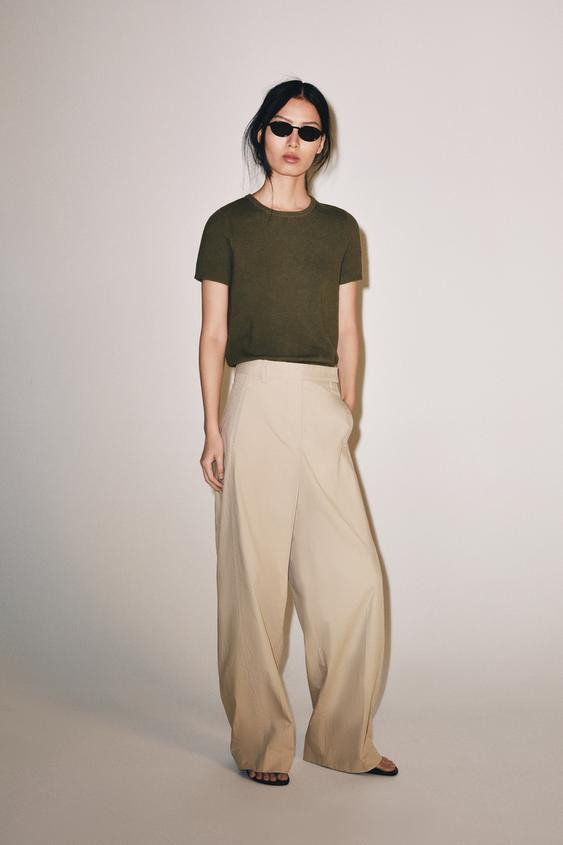 Zara - Short Sleeve Knit Top - Khaki - Xl - Woman | Zara US