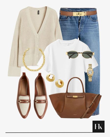 Neutral, clean spring outfit, beige cardigan with blue jeans and white tshirt, H&M tan loafers and tan bag, gold jewellery

#LTKitbag #LTKSeasonal #LTKstyletip