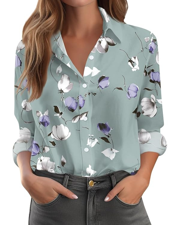 Long Sleeve Blouse for Women 2025 Fall Button Down Casual Loose Shirts | Amazon (US)