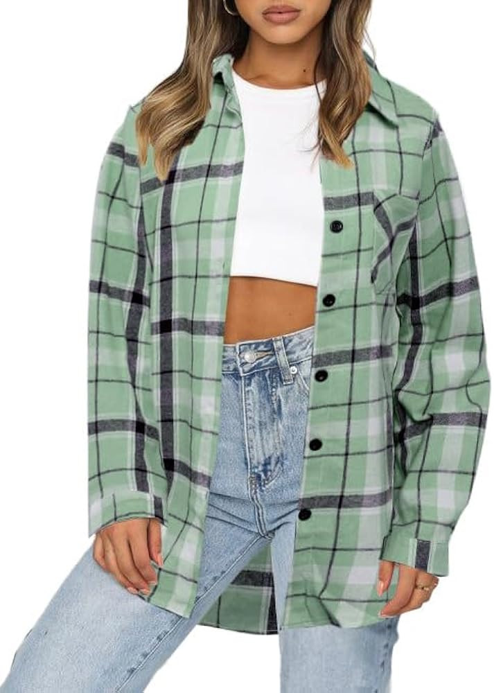 Asiertiy Womens Buffalo Plaid Flannel Shirt Long Sleeve Collar Button Down Blouses Lightweight To... | Amazon (US)