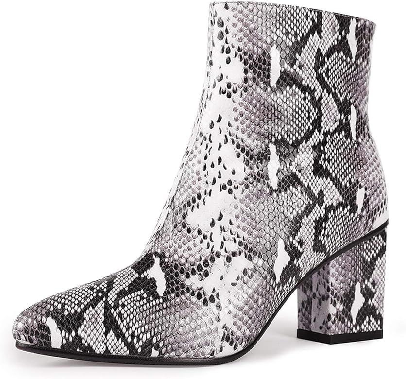 WETKISS Women Snakeskin Booties, Ankle Boots Slip on for Ladies, Snake Print Boots Chunky Block Mid  | Amazon (US)