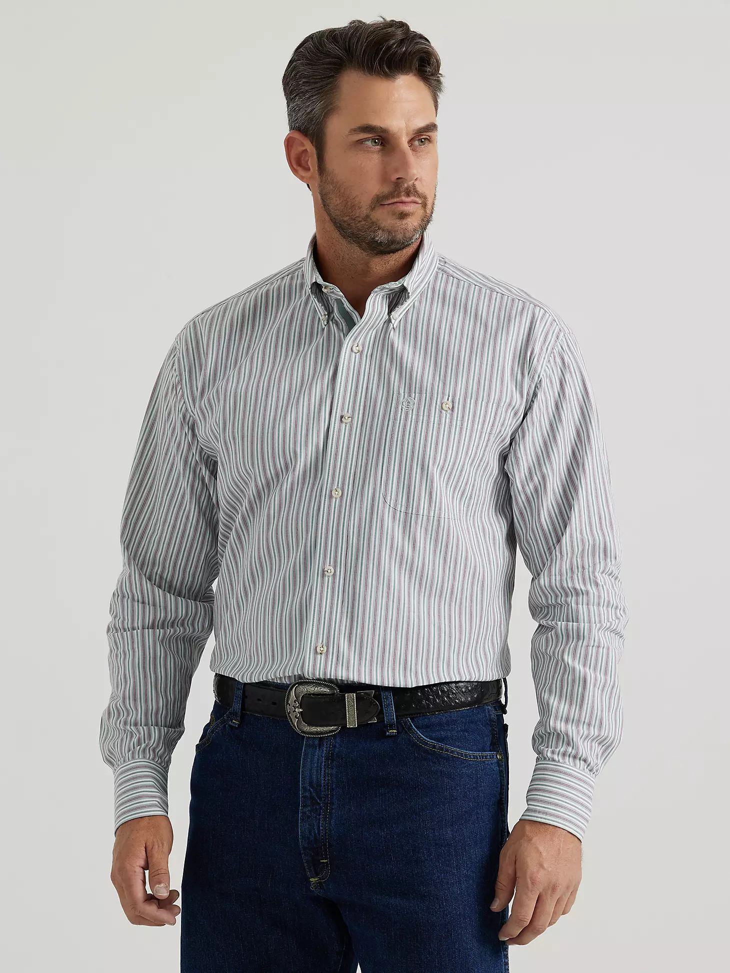 Wrangler® George Strait™ Long Sleeve Button Down One Pocket Shirt in Smoky Stripe | Wrangler