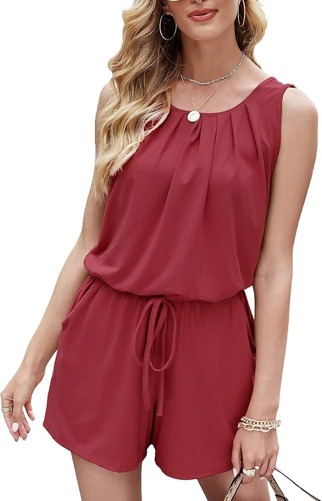 Odosalii Womens Romper Summer Sleeveless Short Rompers Casual Tank Top Jumpsuit with Pockets… | Amazon (US)