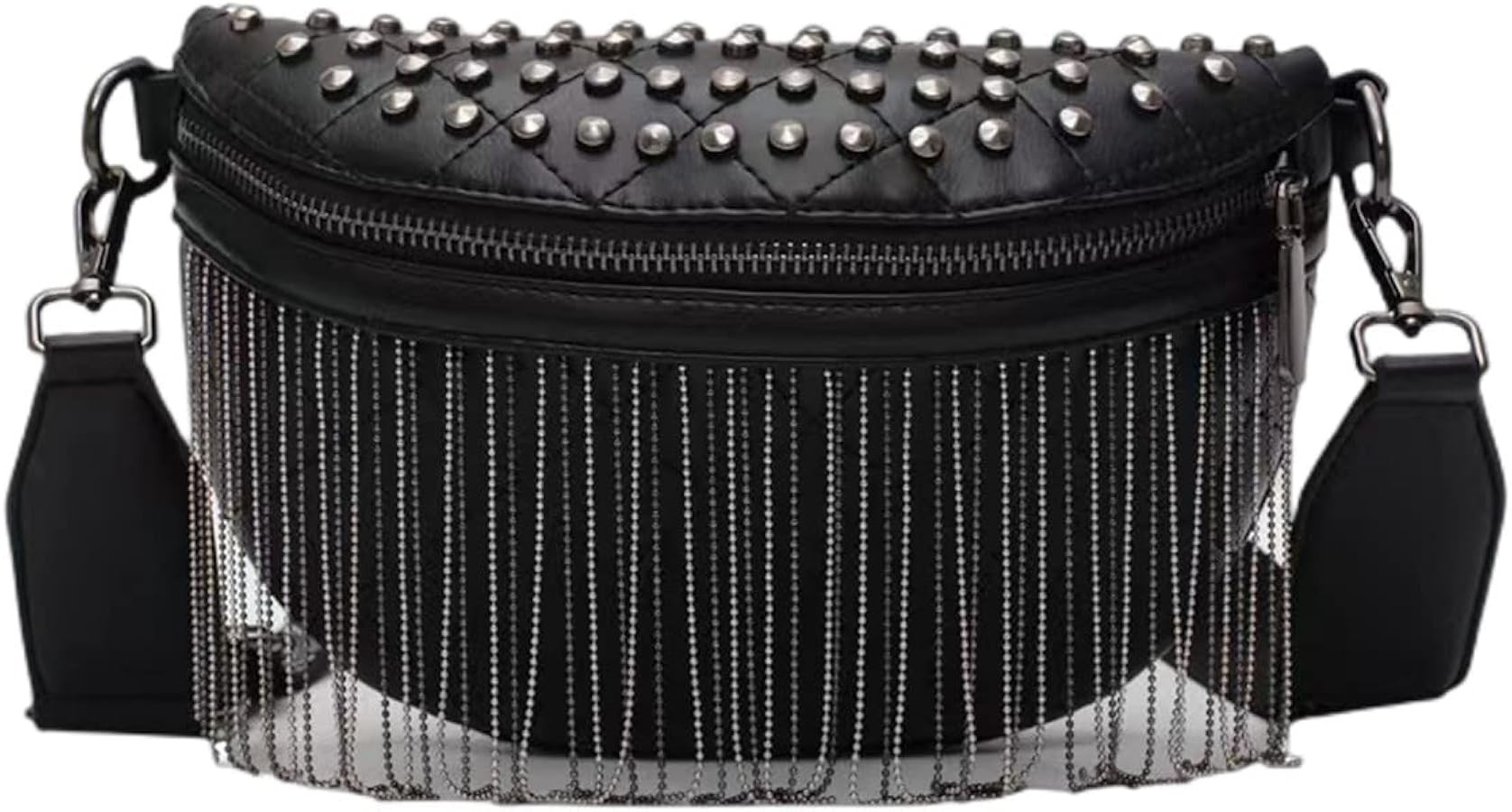 Women Vegan Leather Cross Chest Bag Rivets Fringed Shoulder Handbag Purse Waist Bag | Amazon (US)