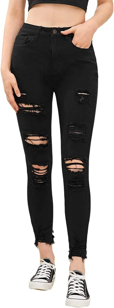 SweatyRocks Women's Hight Waisted Stretch Ripped Skinny Jeans Distressed Denim Pants | Amazon (US)