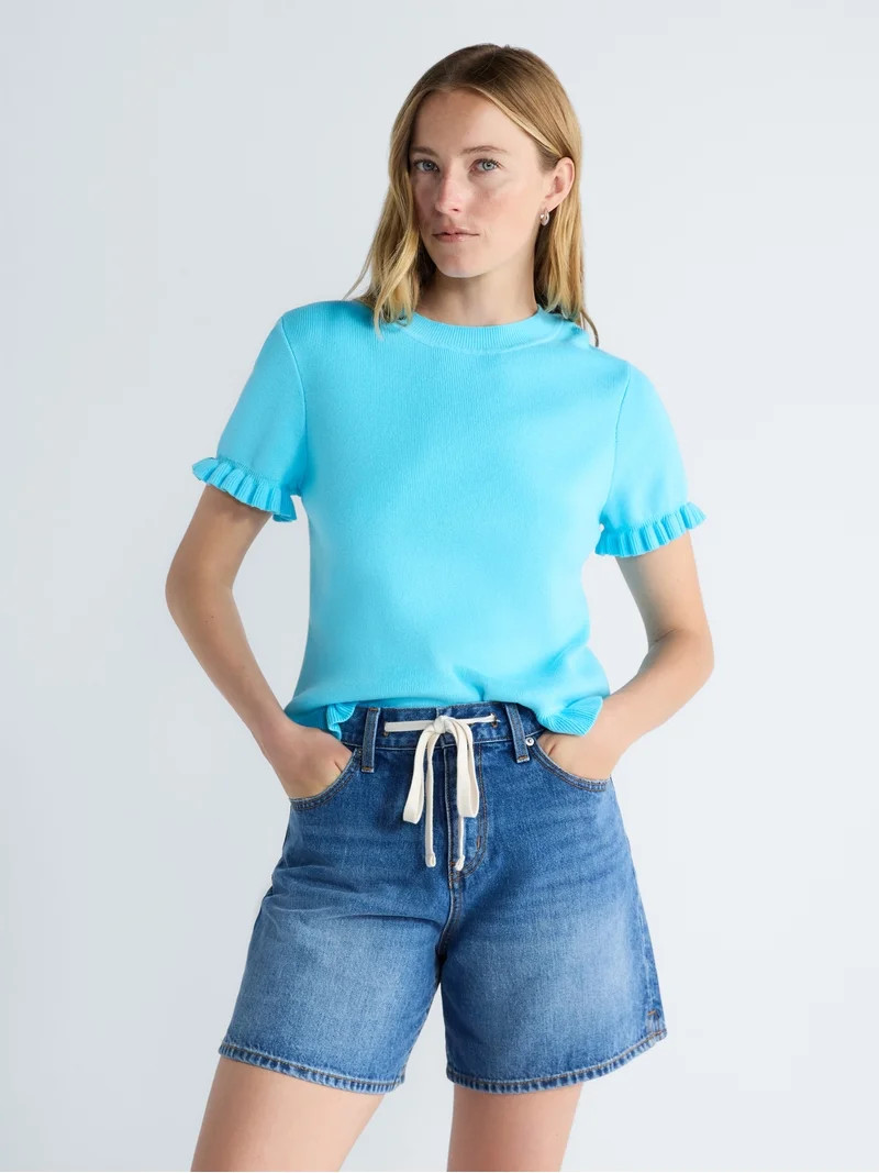 Free Assembly Women’s Ruffle Trim Sweater with Short Sleeves, Lightweight, Sizes XS-XXL | Walmart (US)