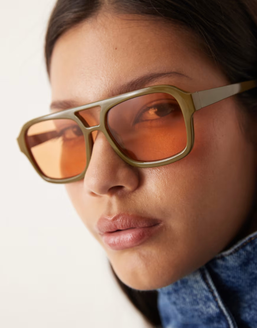 ASOS DESIGN aviator sunglasses in olive green with orange lenses | ASOS (Global)