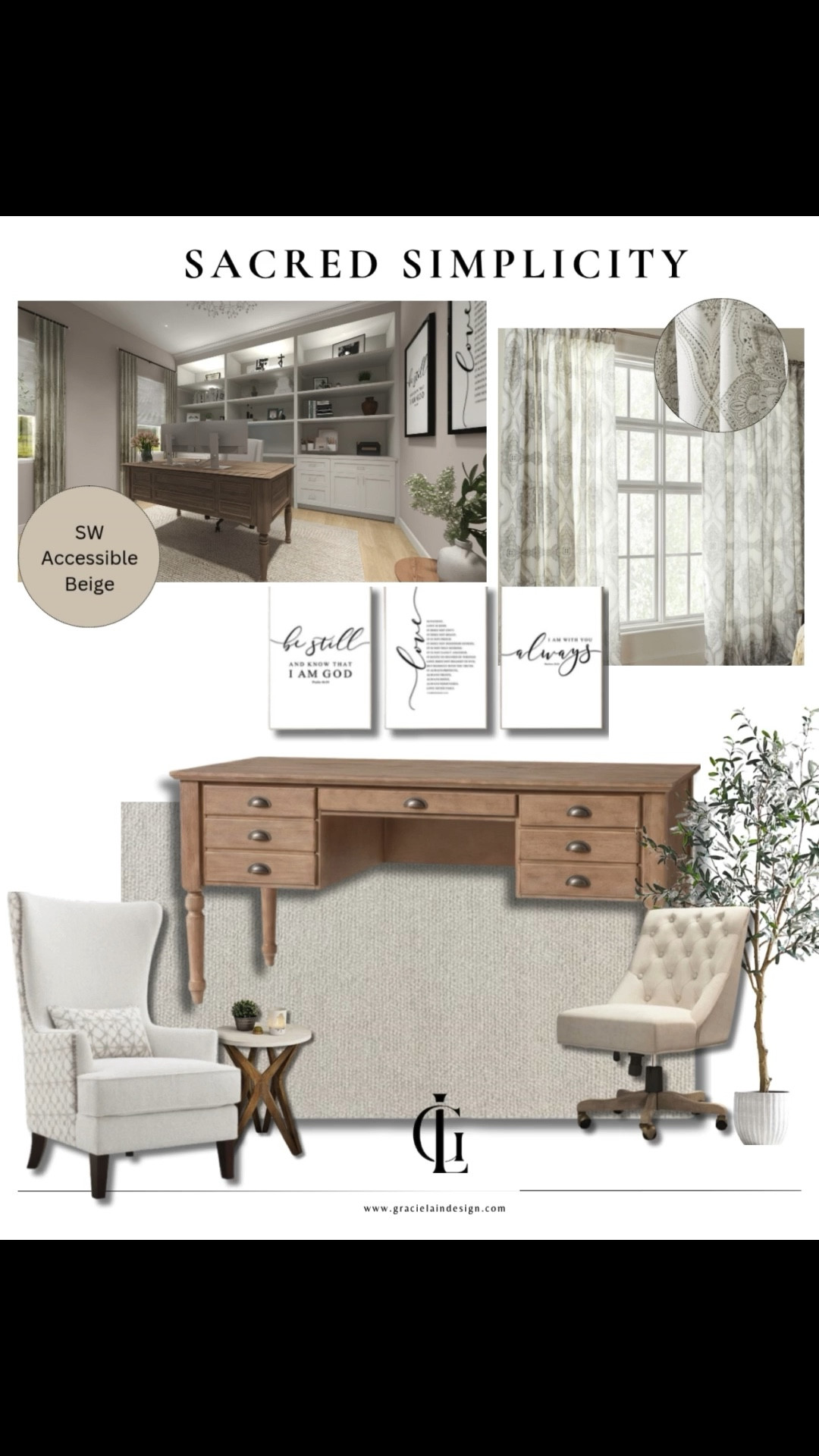 A workspace designed for stillness, focus, and faith.
Soft neutrals, warm wood tones, and gentle textures create a sanctuary where creativity and calm meet.

This design features Sherwin Williams Accessible Beige, light wood accents, and layered textiles for timeless warmth — proof that even a home office can feel like a retreat. 🤍

Looking to bring this kind of balance and beauty into your own home?
✨ Visit gracielaindesign.com￼ or reach out for a personalized design plan tailored to your style and space.

#HomeOfficeDesign #NeutralDecor #AccessibleBeige #InteriorDesignInspo #CalmInteriors #HomeStyling #LuxuryInteriors #NeutralPalette #GracieLainDesign #FaithInspiredDesign #LTKHome #LTKFinds #LTKInteriors

#LTKStyleTip #LTKHome #LTKFamily