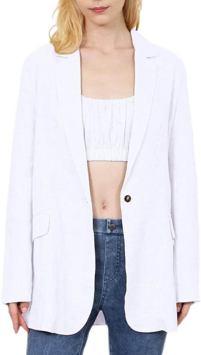 Amazhiyu Womens Pure Linen Long Sleeve Casual Office Blazer Jackets for Autumn | Amazon (US)