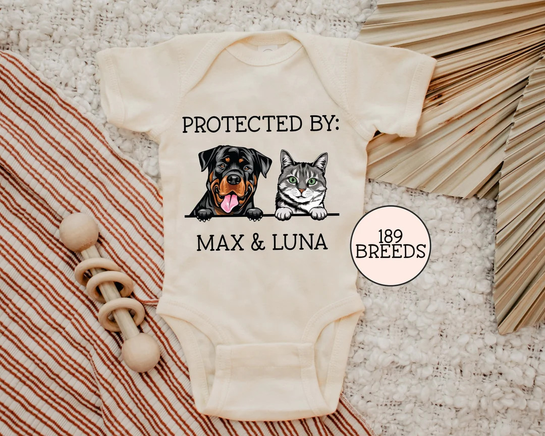 Baby Shower Gift, Protected by Dog Onesie®, Custom Dog Onesie®, Personalized Dog Name Onesie®,... | Etsy (US)