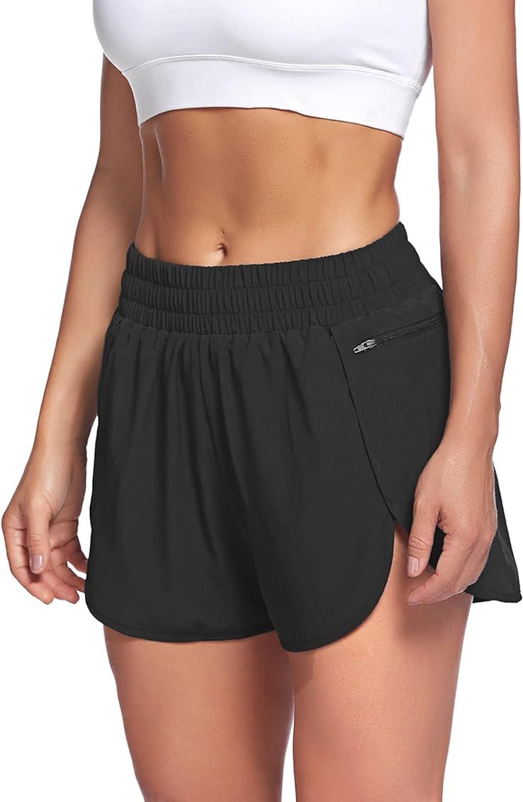 LaLaLa Womens Workout Shorts with Zip Pocket Quick-Dry Athletic Shorts Sports Elastic Waist Running  | Amazon (US)