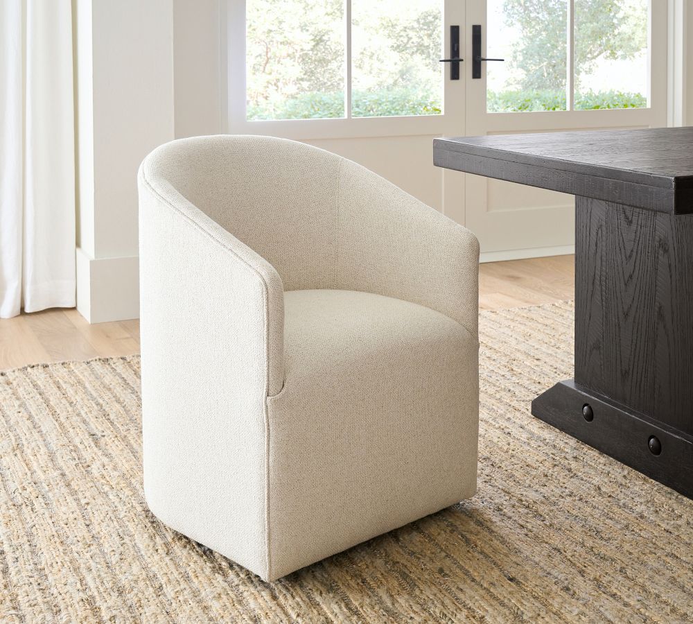 Baldwin Upholstered Barrel Back Swivel Dining Chair | Pottery Barn (US)