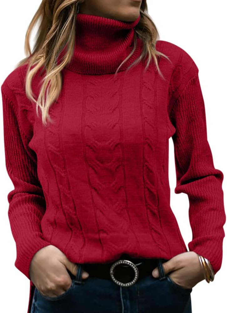 Langwyqu Womens' Turtleneck Long Sleeve Cable Knit Sweaters | Amazon (US)
