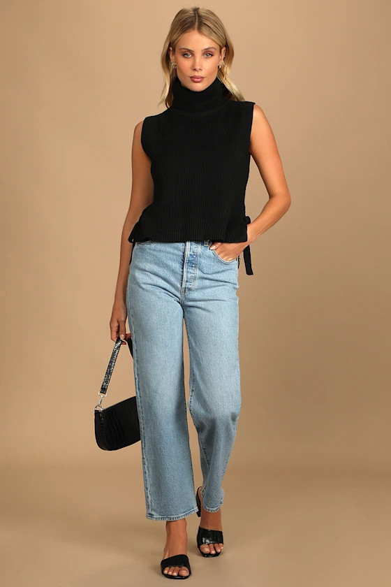 Chic Expectations Black Ribbed Turtleneck Side-Tie Sweater Top | Lulus (US)