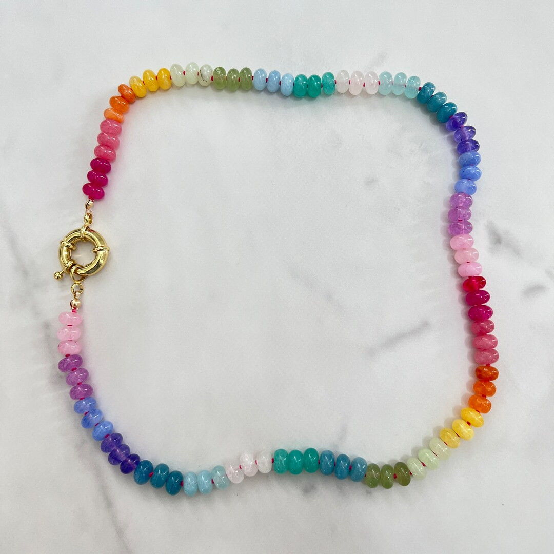 Rainbow Ombre Jade Gemstone Hand Knotted Bead Necklace, 14K Gold Filled Mariners Clasp - Etsy | Etsy (US)