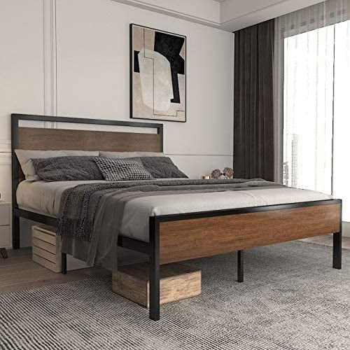 Allewie Walnut Full Size Platform Bed Frame with Wood Headboard and Footboard, Heavy Duty Metal S... | Walmart (US)
