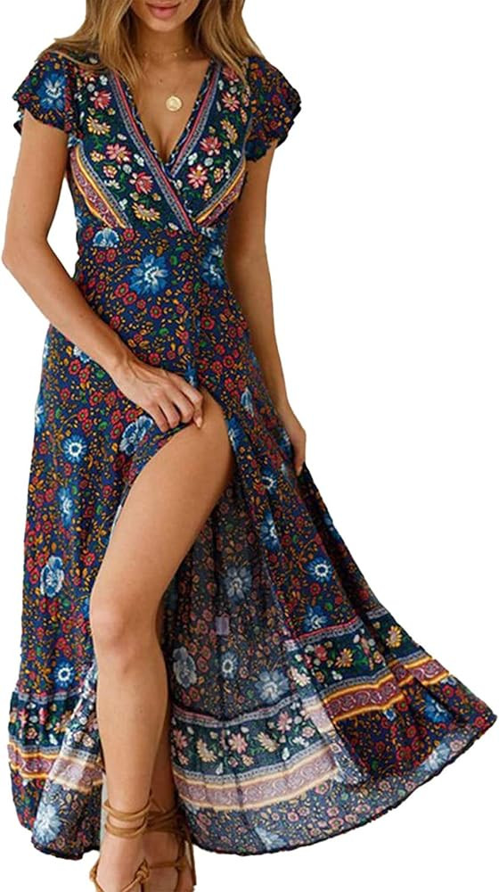 PRETTYGARDEN Women Boho Summer Side Split Deep V Neck Short Sleeves Maxi Dress with Belt | Amazon (US)