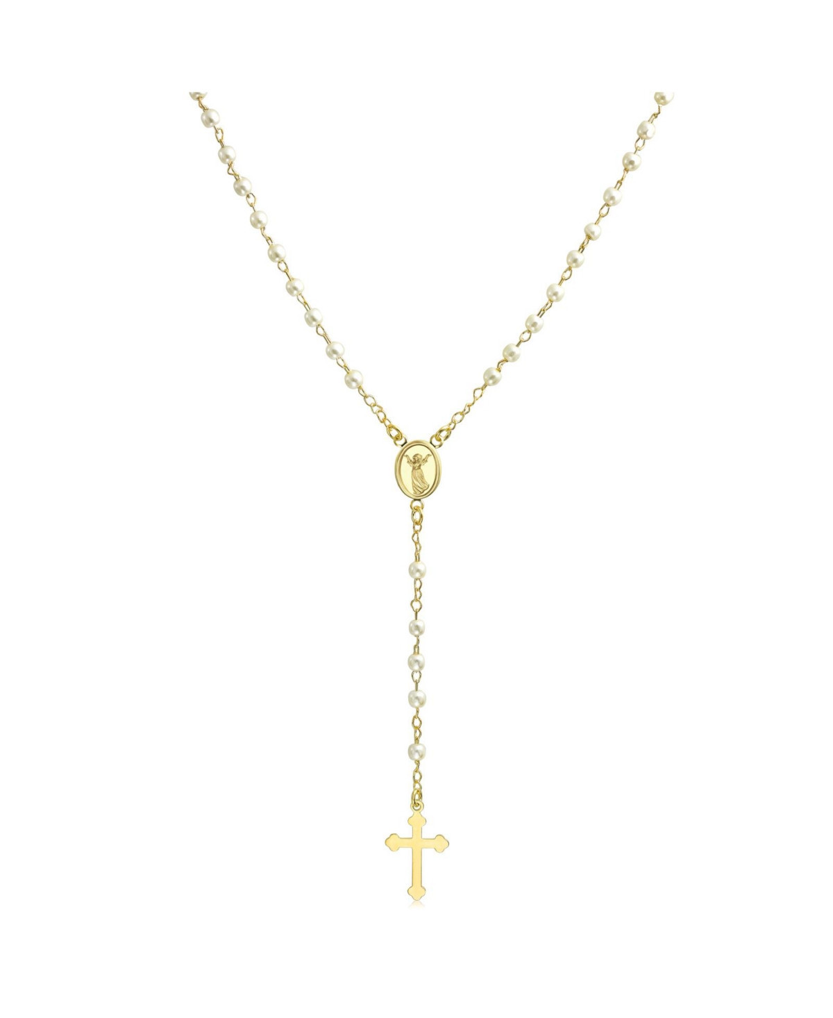 Bling Jewelry Dainty Religious Guardian Angel Rosary Necklace with White Simulated Pearls Gold Plated Brass - Gold | Macy's