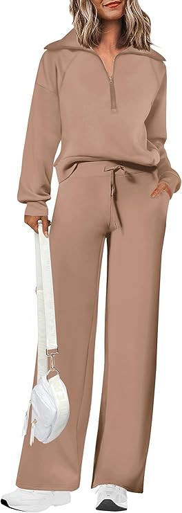 PRETTYGARDEN Women's 2 Piece Outfits Casual Lapel Half Zip Sweatshirts And Wide Leg Pants Tracksu... | Amazon (US)