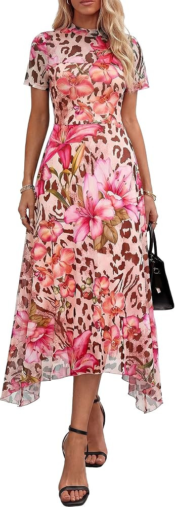 PRETTYGARDEN Cocktail Dresses for Women 2026 Summer Short Sleeve Floral Mesh Sheer Midi Party Wed... | Amazon (US)