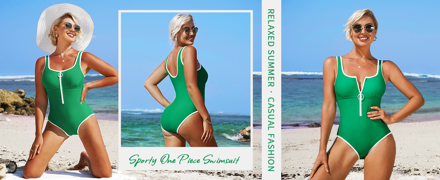 Charmo Women's One Piece Swimsuit Zipper Front Bathing Suits Square Round Neck Swimwear Low Back ... | Amazon (US)