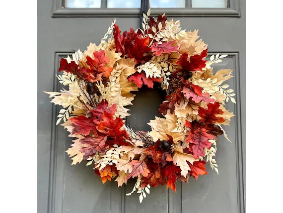 Fall Leaves Wreath for Front Door Oak and Maple Leaf Autumn - Etsy | Etsy (US)