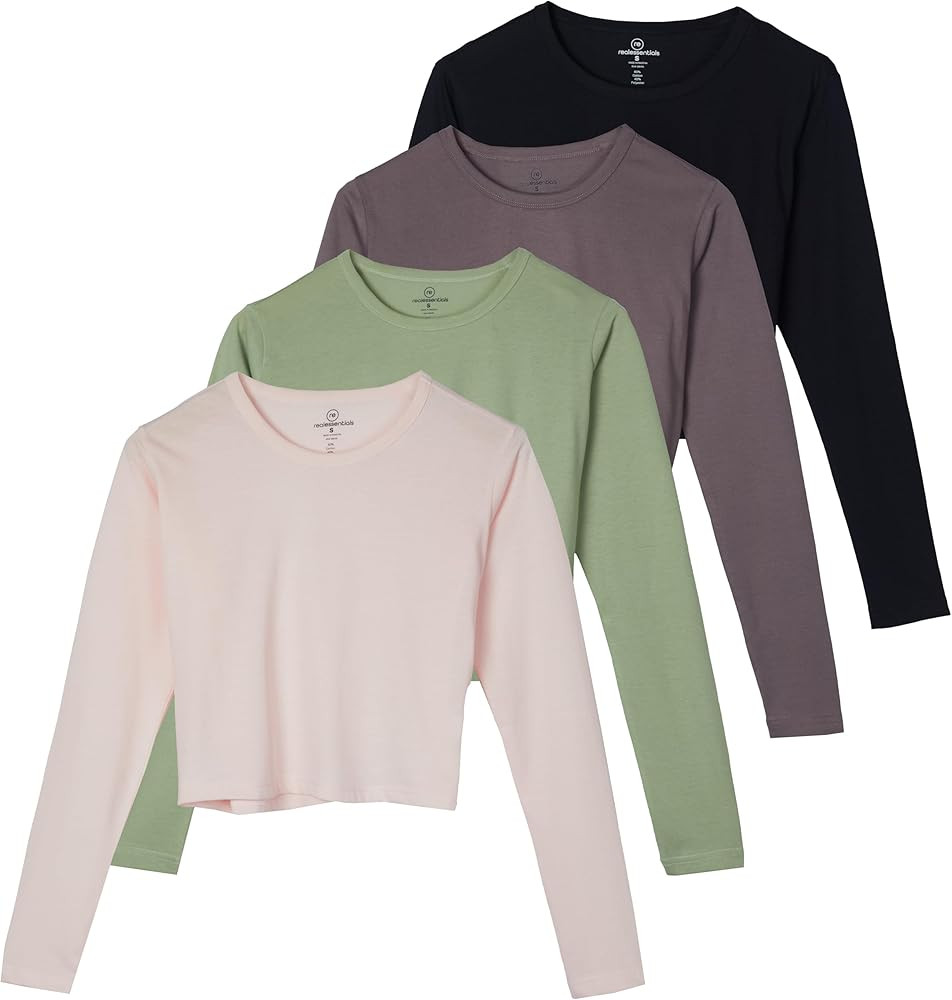 Real Essentials 4 Pack: Women's Cotton Long Sleeve Crew Crop Top - Casual Cropped T-Shirt (Availa... | Amazon (US)
