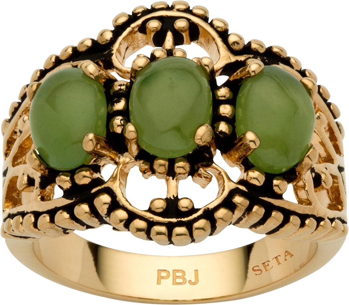 PalmBeach Yellow Gold-plated Antiqued Oval Shaped Genuine Green Jade 3-Stone Ring Sizes 5-10 | Amazon (US)