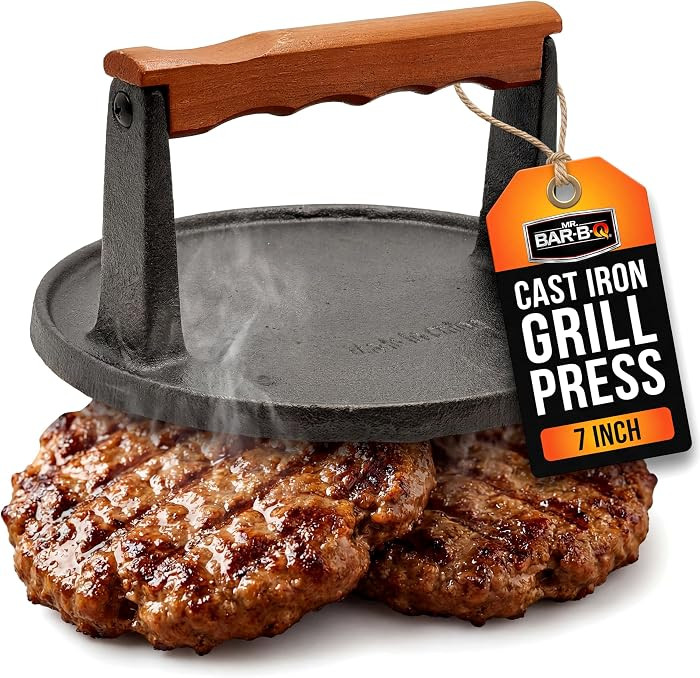 Mr. Bar-B-Q Cast Iron Grill Press (7-Inch) – Pre-Seasoned Smash Burger Press w/Wooden Handle & ... | Amazon (US)