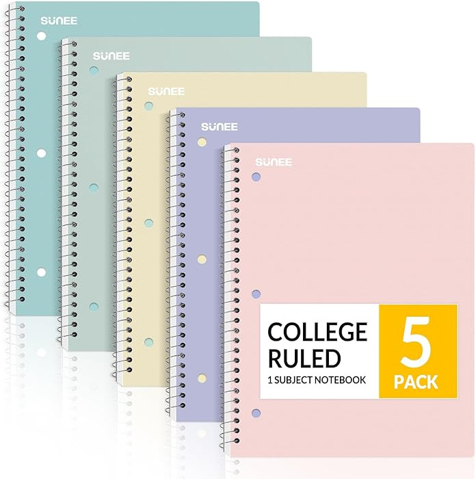 SUNEE Spiral Notebooks, 1-Subject, 5 Pack, College Ruled Paper, 8" x 10-1/2", 70 Sheets per Noteb... | Amazon (US)