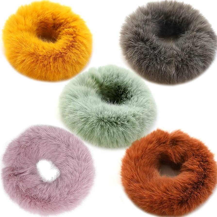5PCS Women Girl kid's Fashion Sweet Rabbit Faux Fur Fluffy Ball Pom Pom Scrunchies Elastic Ponyta... | Amazon (US)
