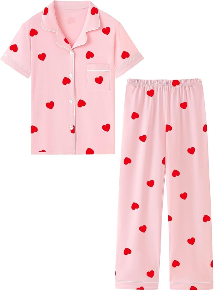 QZH.DUAO Girl & Women's 100% Cotton Short Sleeves and Long Pants Pajama Set,2-Piece, 5 Years - La... | Amazon (US)