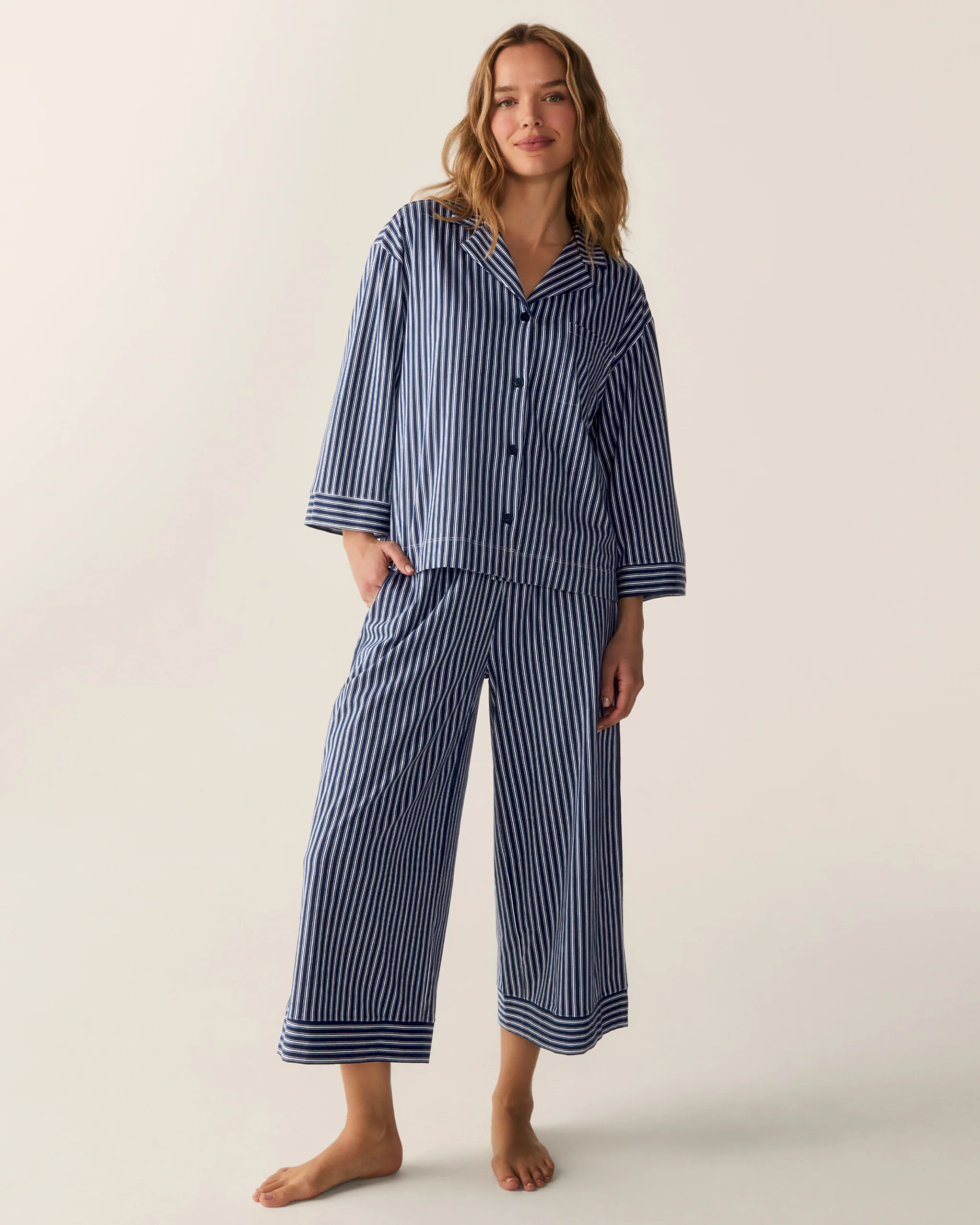 The Olivia Wide Leg Pima Pajama Set in Admiral Ticking | Petite Plume