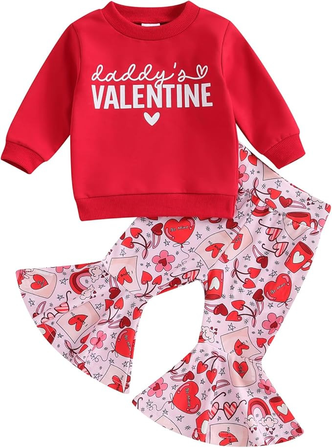 Toddler Baby Girl Valentines Outfit Daddy 's Valentine Crewneck Sweatshirt Shirts Flare Pant Vale... | Amazon (US)