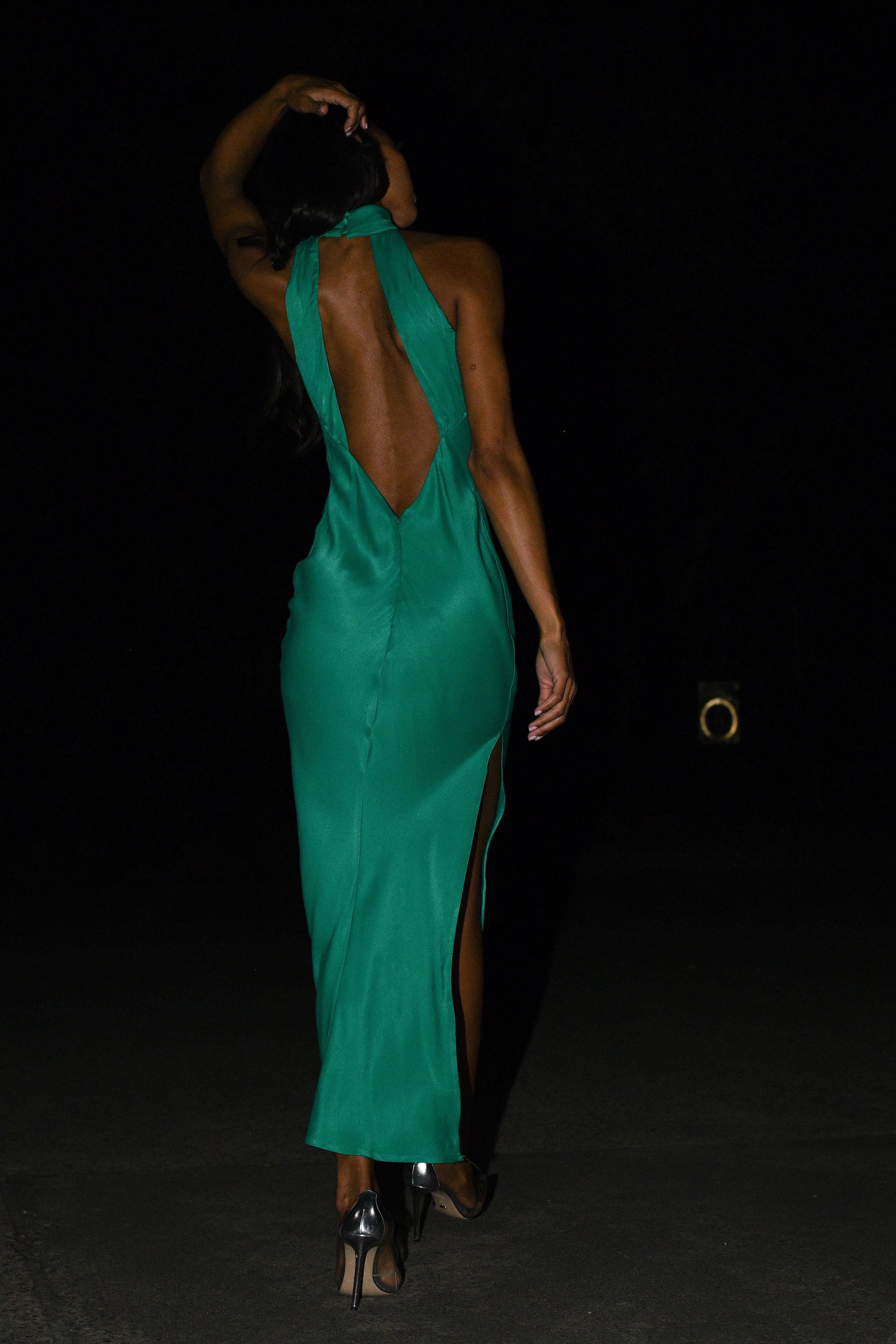 Claire Satin Drape Back Maxi Dress with Split - Green | MESHKI US