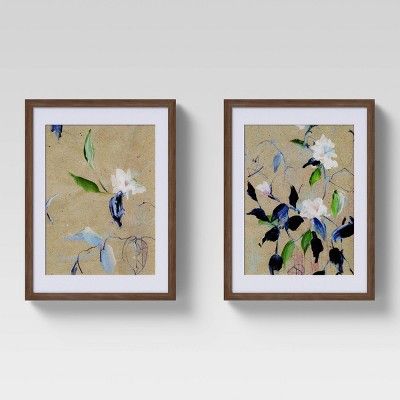 (Set of 2) 12&#34; x 16&#34; Sketched Floral Matted Print in Walnut Frame Wall Canvases Blue - Th... | Target