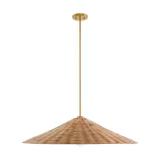 TUXEDO PARK LIGHTING 35 in. 1-Light Natural Brass Shaded Pendant Light with Natural Rattan Shade ... | The Home Depot