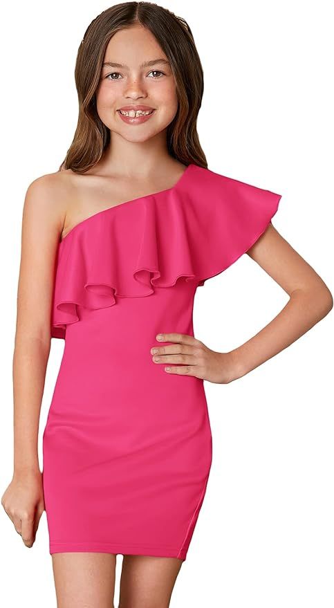 WDIRARA Girl's One Shoulder Ruffle Trim Flounce Sleeve Pencil Party Birthday Dress | Amazon (US)