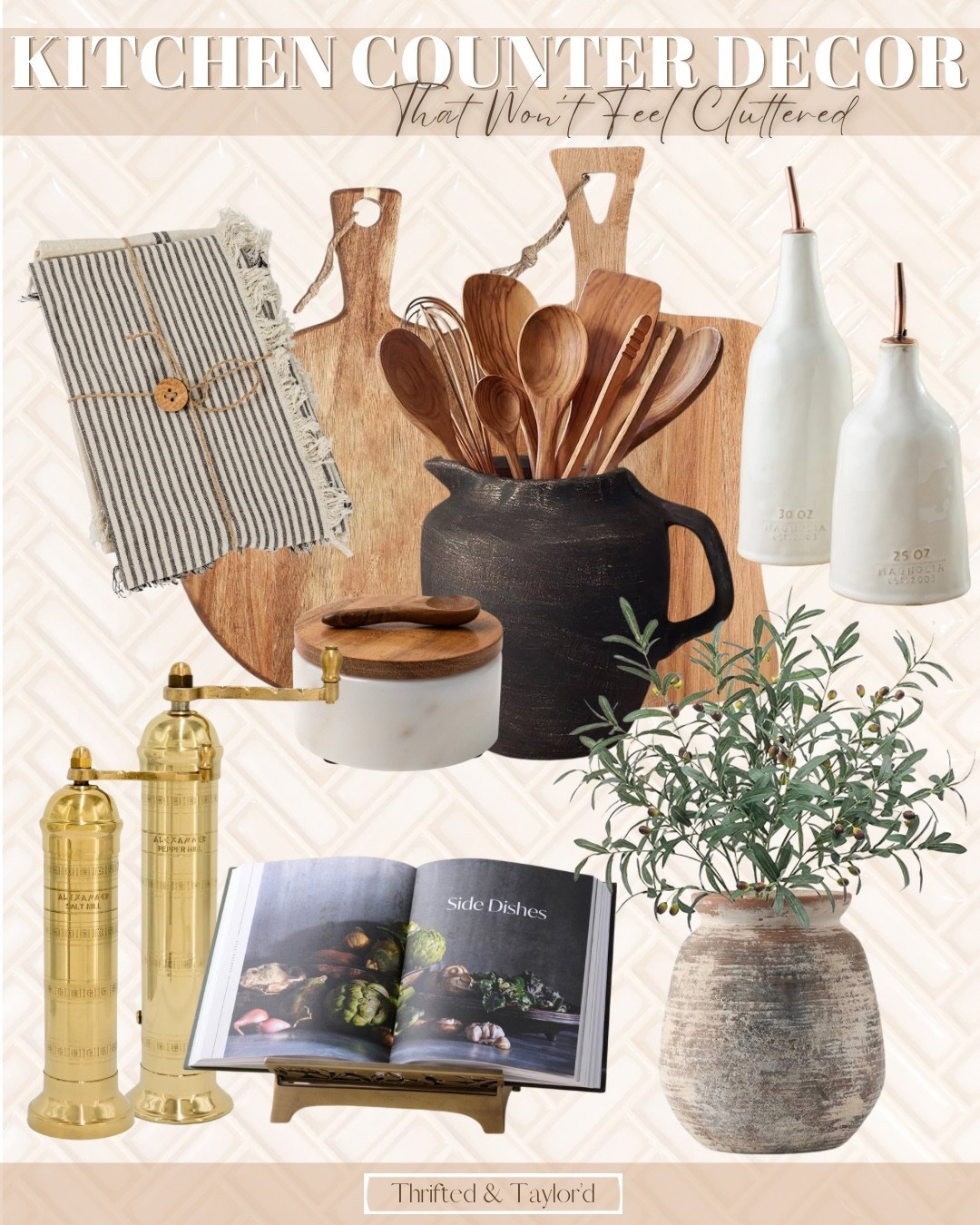 The pieces that work best on a kitchen counter are always the ones that feel just as practical as they are beautiful.
Things like wood cutting boards, a simple utensil crock, or a good olive oil bottle naturally earn their place, and when they’re thoughtfully chosen, they add so much warmth without making the space feel busy.
It’s less about decorating and more about curating what’s already useful. A few textures layered in, something soft like a linen or greenery, and suddenly the whole counter feels more intentional.
Everything linked here has that same balance of function and beauty if you’re looking to create a kitchen that feels both cozy and uncluttered.

#LTKHome